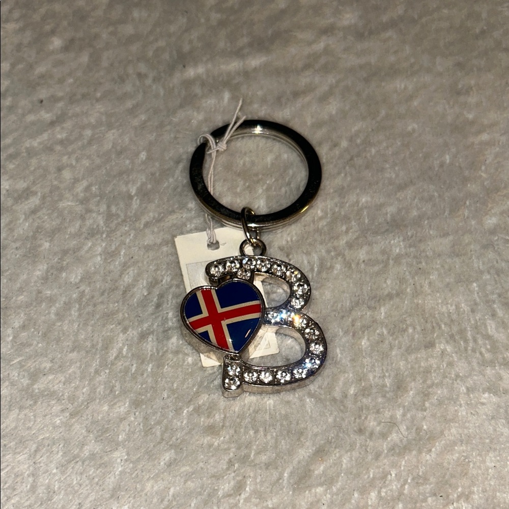 Crystal Letter B Keychain with Flag Heart